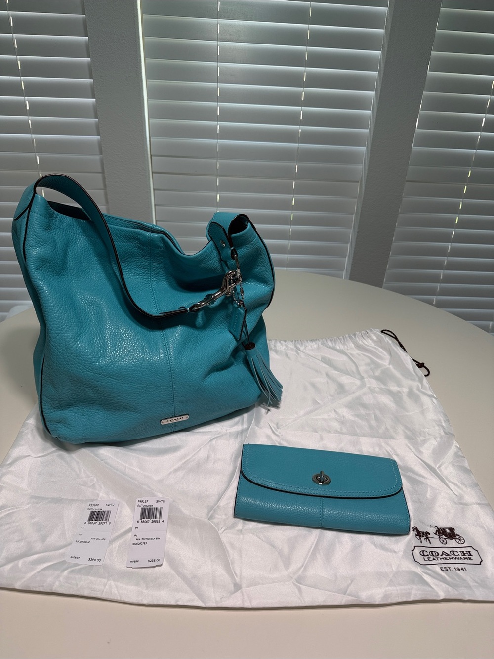 Coach Turquoise Leather Shoulder Bag with Matching Wallet